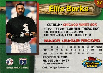 1993 Stadium Club Chicago White Sox #27 Ellis Burks  Back