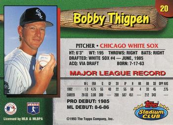 1993 Stadium Club Chicago White Sox #20 Bobby Thigpen  Back