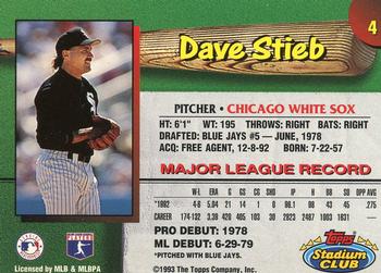 1993 Stadium Club Chicago White Sox #4 Dave Stieb  Back