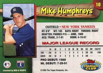 1993 Stadium Club New York Yankees #10 Mike Humphreys  Back