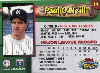 1993 Stadium Club New York Yankees #14 Paul O'Neill  Back