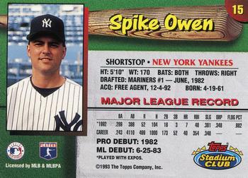 1993 Stadium Club New York Yankees #15 Spike Owen  Back