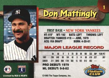1993 Stadium Club New York Yankees #1 Don Mattingly  Back