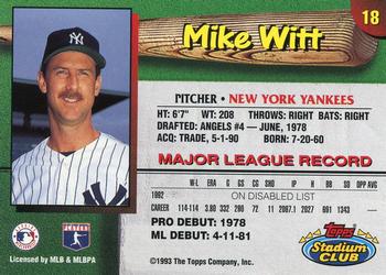 1993 Stadium Club New York Yankees #18 Mike Witt  Back