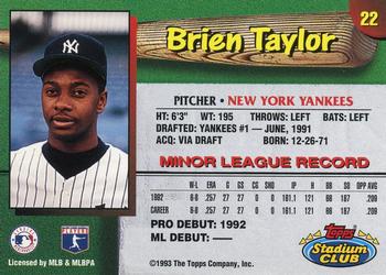 1993 Stadium Club New York Yankees #22 Brien Taylor  Back