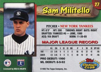 1993 Stadium Club New York Yankees #27 Sam Militello  Back