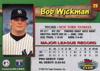 1993 Stadium Club New York Yankees #28 Bob Wickman  Back