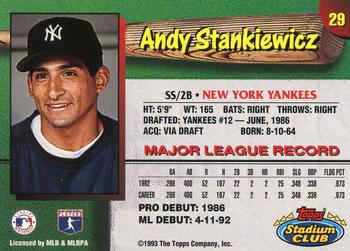 1993 Stadium Club New York Yankees #29 Andy Stankiewicz  Back