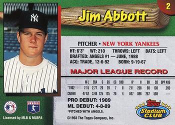 1993 Stadium Club New York Yankees #2 Jim Abbott  Back