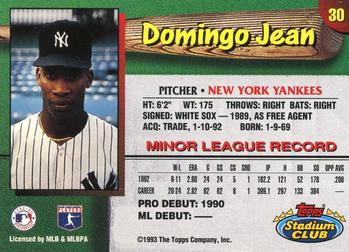1993 Stadium Club New York Yankees #30 Domingo Jean  Back