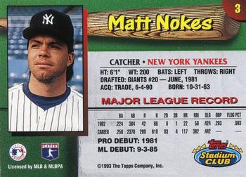 1993 Stadium Club New York Yankees #3 Matt Nokes  Back