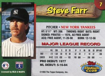 1993 Stadium Club New York Yankees #7 Steve Farr  Back