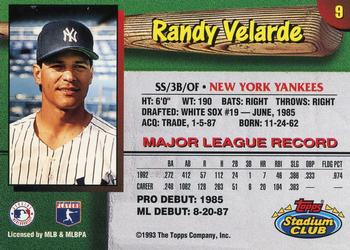 1993 Stadium Club New York Yankees #9 Randy Velarde  Back