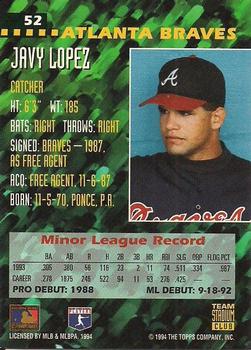 1994 Stadium Club Team #52 Javy Lopez Back
