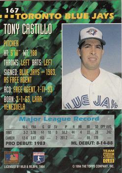 1994 Stadium Club Team #167 Tony Castillo Back