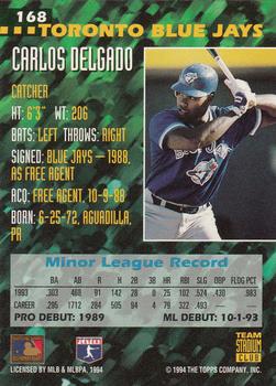 1994 Stadium Club Team #168 Carlos Delgado Back