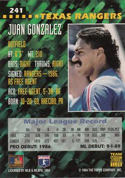 1994 Stadium Club Team #241 Juan Gonzalez Back
