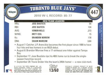 2011 Topps - Black #447 Toronto Blue Jays Back