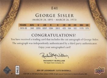 2011 SP Legendary Cuts - Exquisite Cut Signatures #E41 George Sisler Back