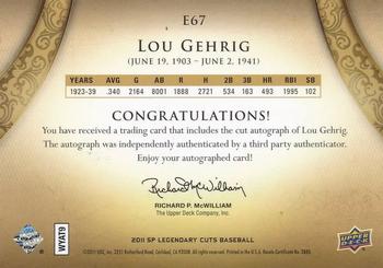 2011 SP Legendary Cuts - Exquisite Cut Signatures #E67 Lou Gehrig Back