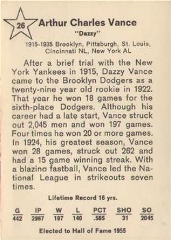 1961 Golden Press Hall of Fame Baseball Stars #26 Dazzy Vance Back