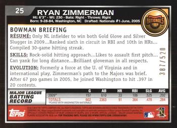 2010 Bowman - Blue #25 Ryan Zimmerman Back