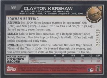 2010 Bowman - Blue #49 Clayton Kershaw Back