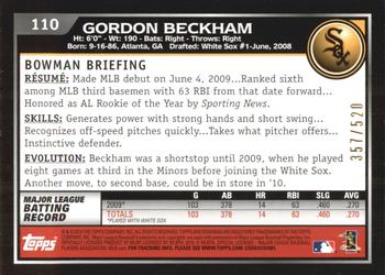 2010 Bowman - Blue #110 Gordon Beckham Back