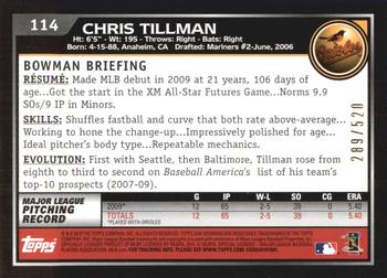 2010 Bowman - Blue #114 Chris Tillman Back
