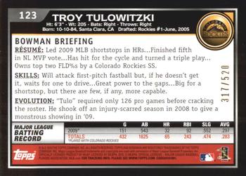 2010 Bowman - Blue #123 Troy Tulowitzki Back
