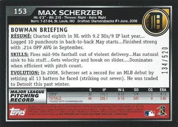 2010 Bowman - Blue #153 Max Scherzer Back
