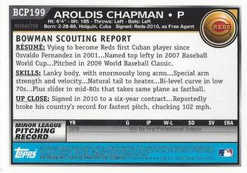 2010 Bowman Chrome - Prospects Green X-Fractors #BCP199 Aroldis Chapman Back
