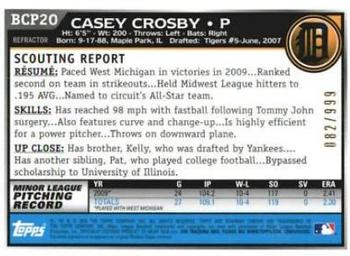 2010 Bowman - Chrome Prospects Purple Refractors #BCP20 Casey Crosby Back