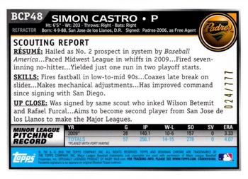 2010 Bowman - Chrome Prospects Refractors #BCP48 Simon Castro Back
