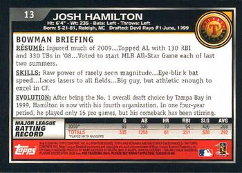 2010 Bowman - Gold #13 Josh Hamilton Back