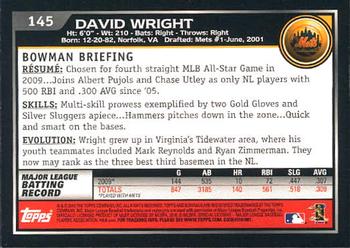 2010 Bowman - Gold #145 David Wright Back