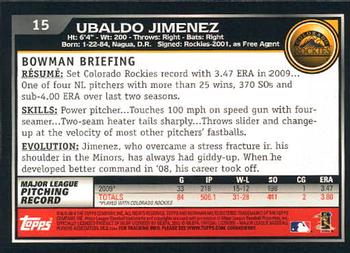 2010 Bowman - Gold #15 Ubaldo Jimenez Back
