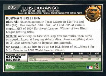 2010 Bowman - Gold #205 Luis Durango Back