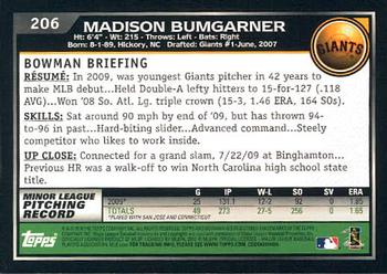 2010 Bowman - Gold #206 Madison Bumgarner Back