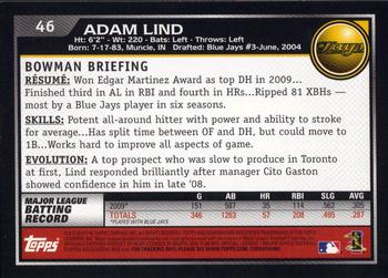 2010 Bowman - Gold #46 Adam Lind Back