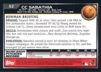 2010 Bowman - Gold #52 CC Sabathia Back