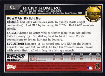 2010 Bowman - Gold #61 Ricky Romero Back