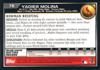 2010 Bowman - Gold #78 Yadier Molina Back