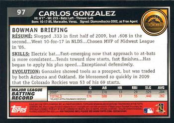 2010 Bowman - Gold #97 Carlos Gonzalez Back