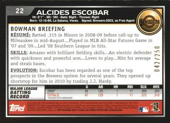 2010 Bowman - Orange #22 Alcides Escobar Back