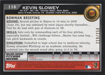 2010 Bowman - Orange #116 Kevin Slowey Back