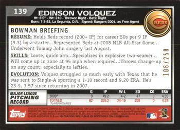 2010 Bowman - Orange #139 Edinson Volquez Back