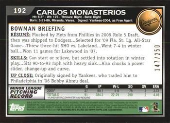 2010 Bowman - Orange #192 Carlos Monasterios Back