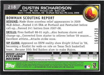 2010 Bowman - Orange #218 Dustin Richardson Back
