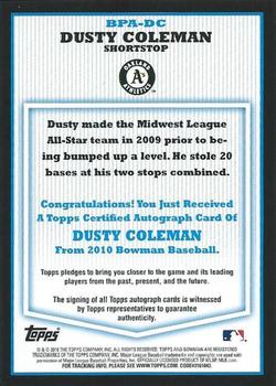 2010 Bowman - Prospect Autographs #BPA-DC Dusty Coleman Back